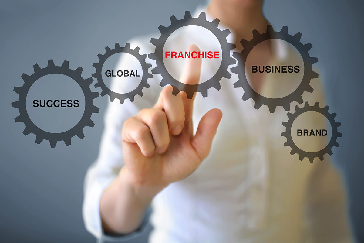 A person touches a gear labeled "FRANCHISE," among other interconnecting gears labeled "SUCCESS," "GLOBAL," "BUSINESS," and "BRAND" in a business-themed graphic, illustrating the impact of franchise consulting in achieving business success.